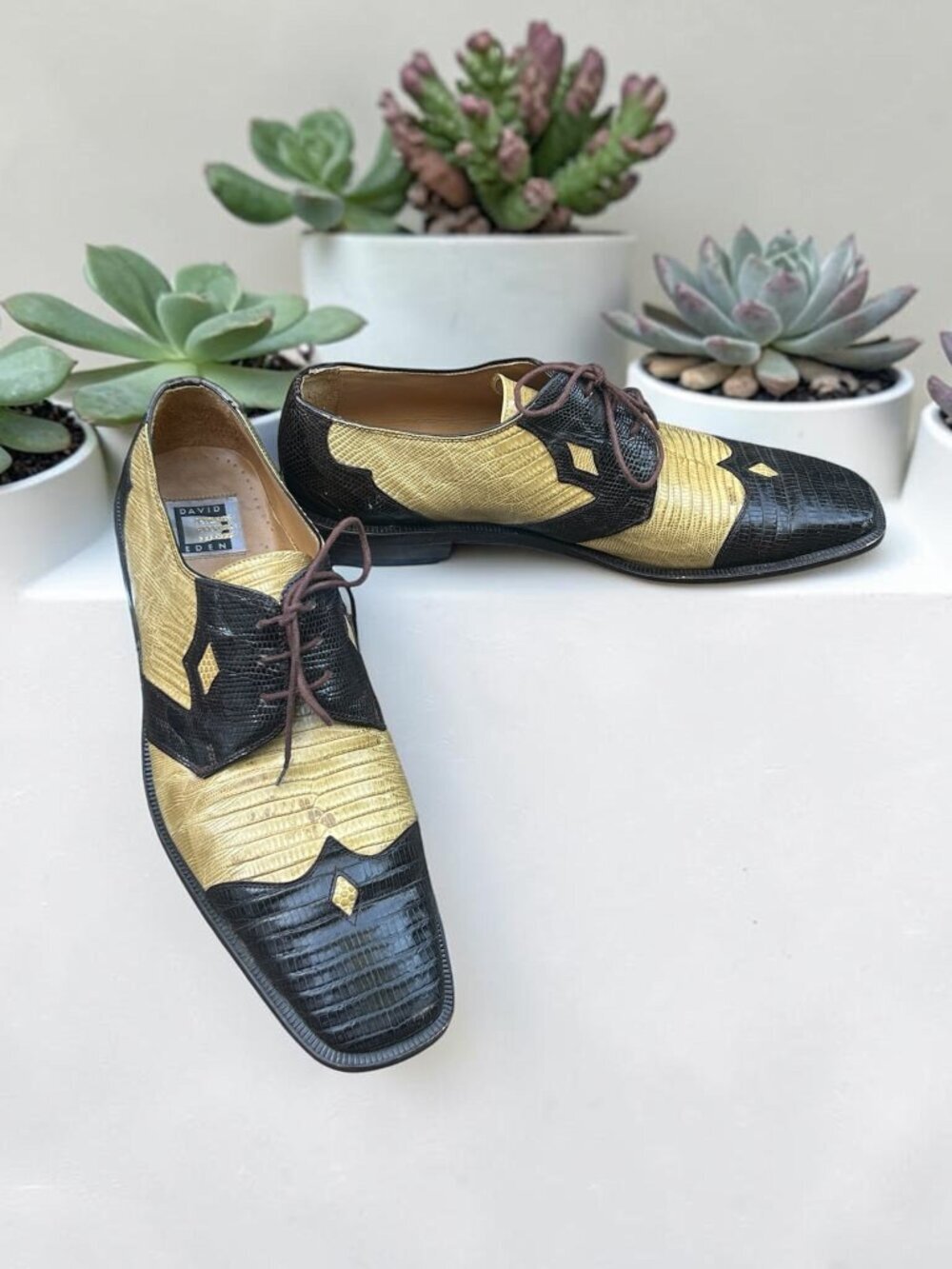 David Eden Genuine Teju Lizard Brown Camel Lace Up Dress Oxfords Shoes Size 11.5